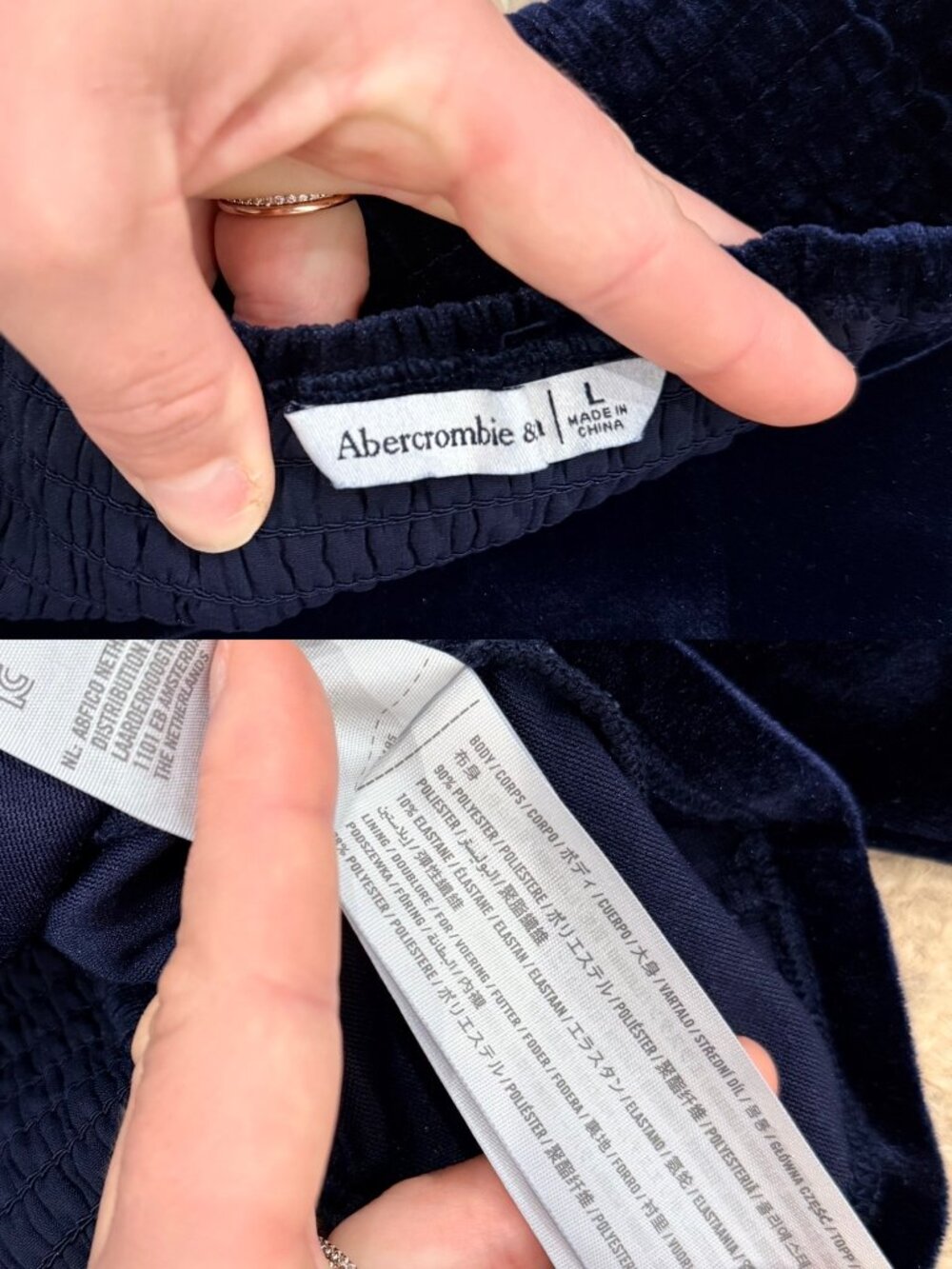 Abercrombie & Fitch Navy Blue Velvet Crop Top Blouse Size Large Puff Sleeve - Picture 3 of 8